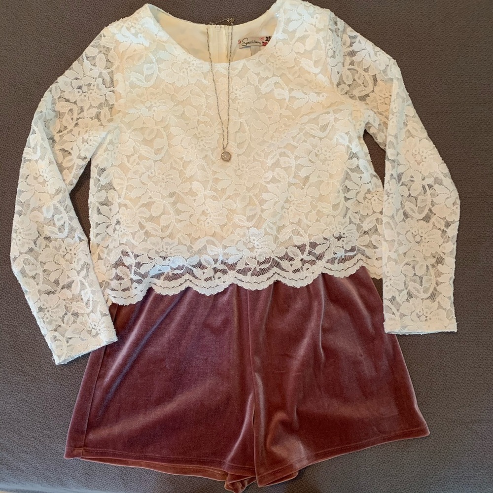 Sweet Speechless Ivory Lace and Pink Velvet Girls Romper
